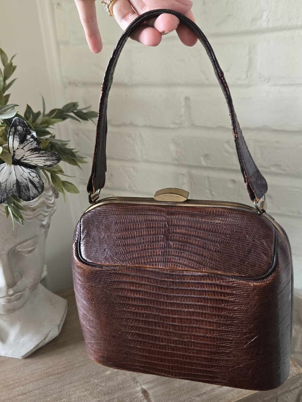 Vtg 50s 60s Leather Lizard Texture Handbag, Bass, Classic,8"W